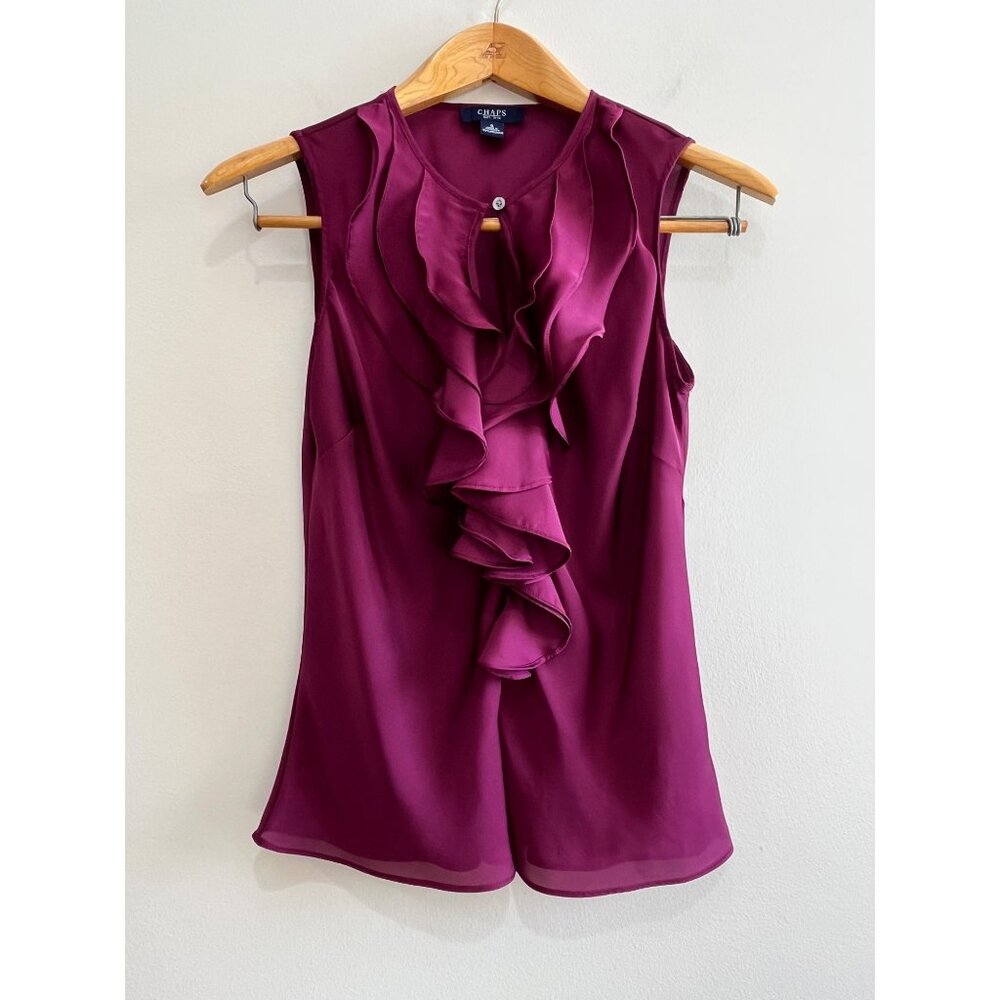 Chaps Satin Sleeveless Blouse Womens S Wine Keyhole with Ruffle Career